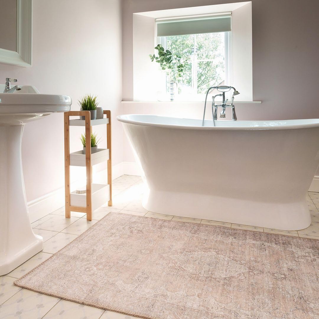 Washable Bathmat Beige Medallion Bathroom Rugs Recycled Cotton Liquid and Stain Resistant Home Hallway Rug 60cm x 110cm (1ft 12" x 3ft 7")
