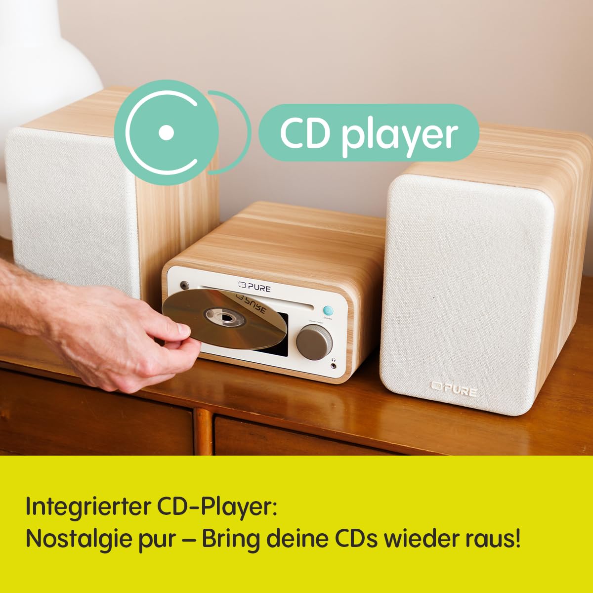 Pure Classic Stereo Mini Mikro HiFi Anlage mit CD-Player DAB+ Radio Bluetooth 5.3 USB AUX Kopfhöreranschluss Fernbedienung 40 W Stereo Holzoptik – Kaffeebraun/Walnuss