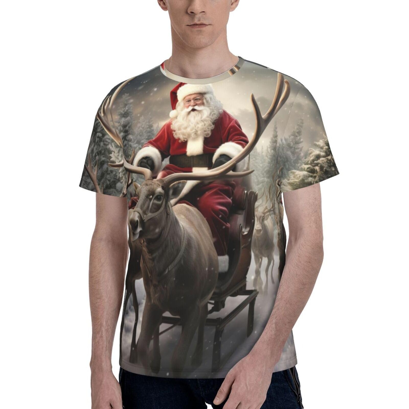 Xmas Santa Claus T-Shirt, Men's Short Sleeve Crew NeckT-Shirt, Athletic Running Gym Workout Tee Tops Black