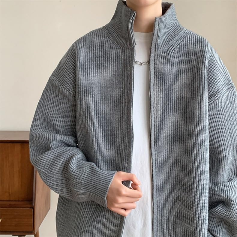 Mens Stand Collar Zip Up Cardigan Knit Sweater Classic Warm Solid Color Loose Hem Long Sleeve Sweaters