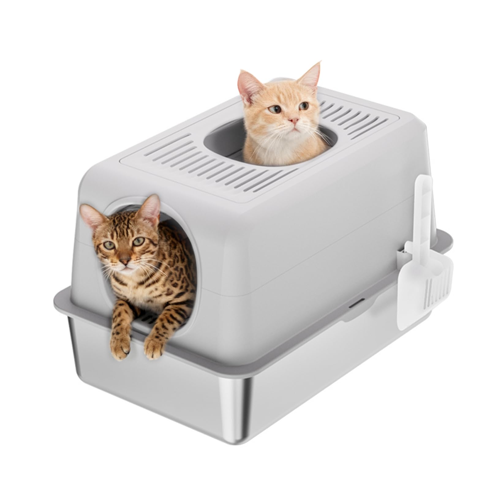 Garvee Stainless Steel Litter Box, 23.62”l x 15.75”w x 15”h Enclosed Cat Litter Boxs with Lid for Big Cats, High Sided Anti-Urine Leakage Non-Stick Bottom Includes Scoop Gray, Gray