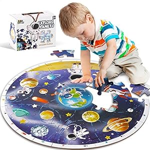 iPlay, iLearn Floor Puzzles for Kids Ages 3-6, Jigsaw Puzzle for kids Ages 4-8, Toddler Large Wooden Learning Toy, Educational Round Planets, Solar System Birthday Gift for 5-7 Year Old Boy Girl Child