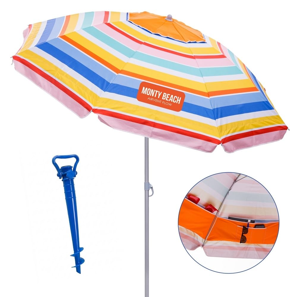 MONTY Sombrilla playa con soporte arena, bolsillos interiores, multicolor, revestimiento plateado UPF+50, techo antiviento, varillas flexibles fibra vidrio, mástil inclinable, regulable altura