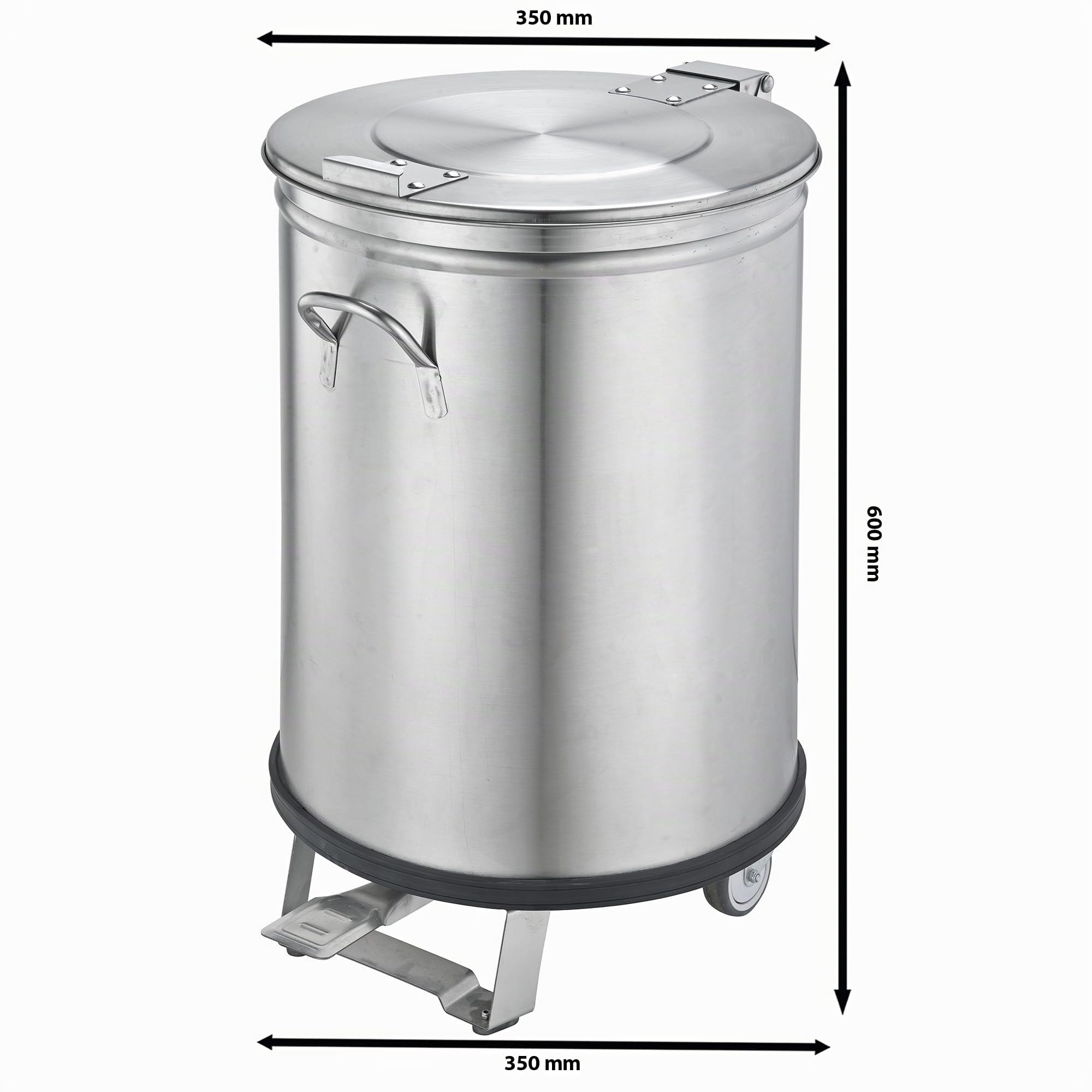 SARO Abfallbehälter mit Pedal – Edelstahl – 50 L – Mit Rollen & Haltegriff – Deckel abnehmbar – Ø 75 mm Räder – 350×350×600 mm – Modell ME50