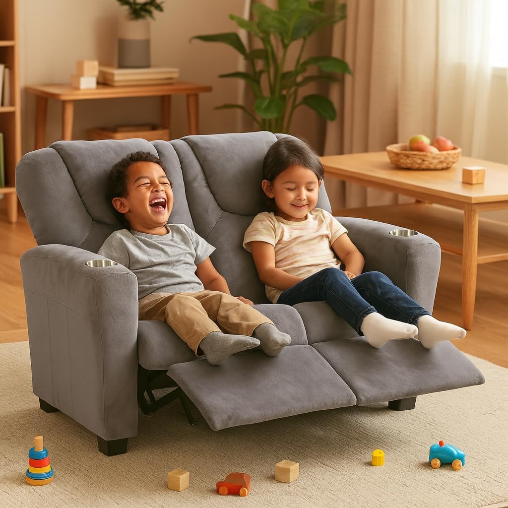 Naomi Home Suri Kids Recliner Loveseat – Comfortable 2-Seater Kids Recliner with Dual Cup Holders, Footrests, Soft Microfiber, Stable Frame, Assembly