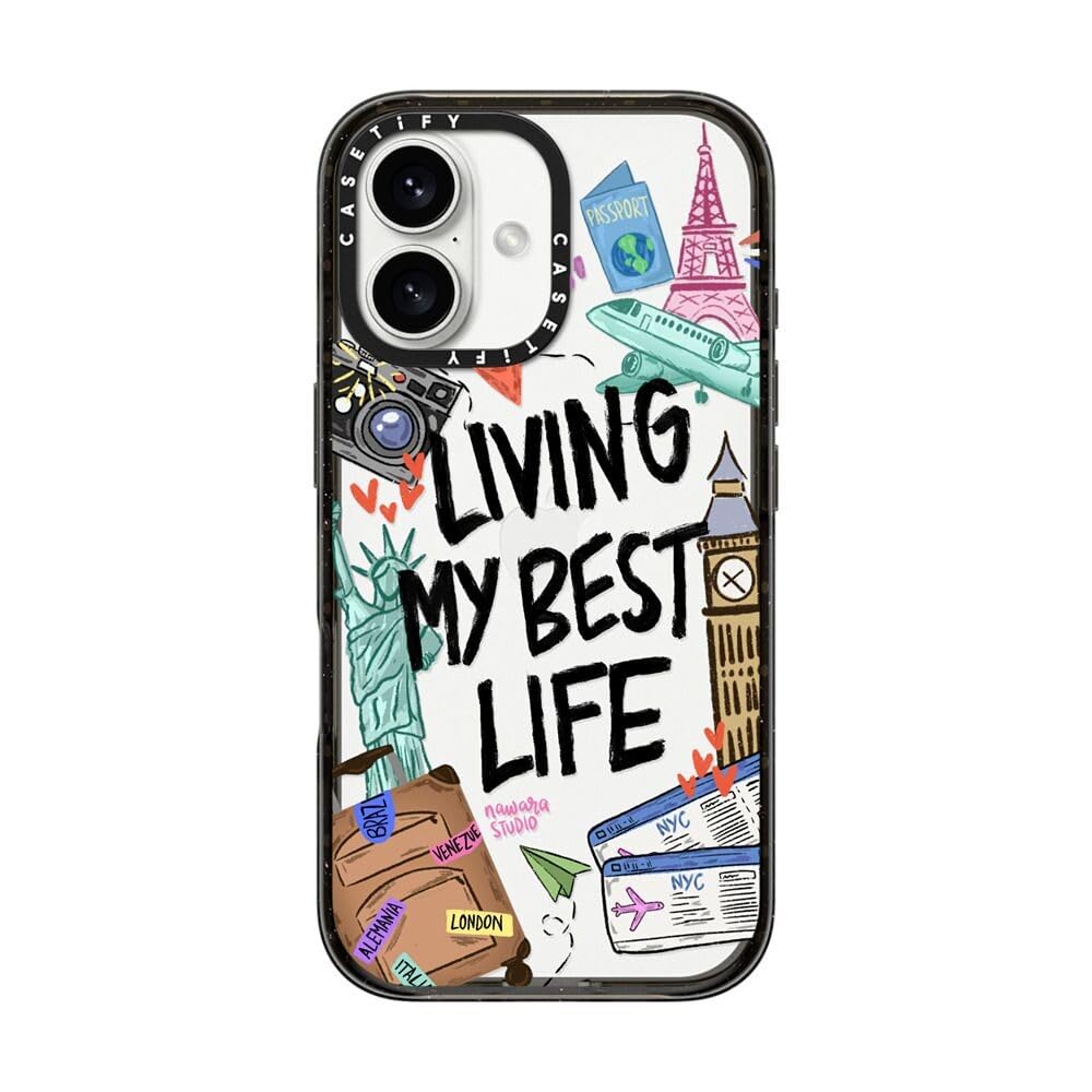 CASETiFY Funda para iPhone 16 - Impact | Corte entallado | Protección contra caídas de grado militar 4X de 2,5 m | Amante de los viajes por Nawara Studio | Negro