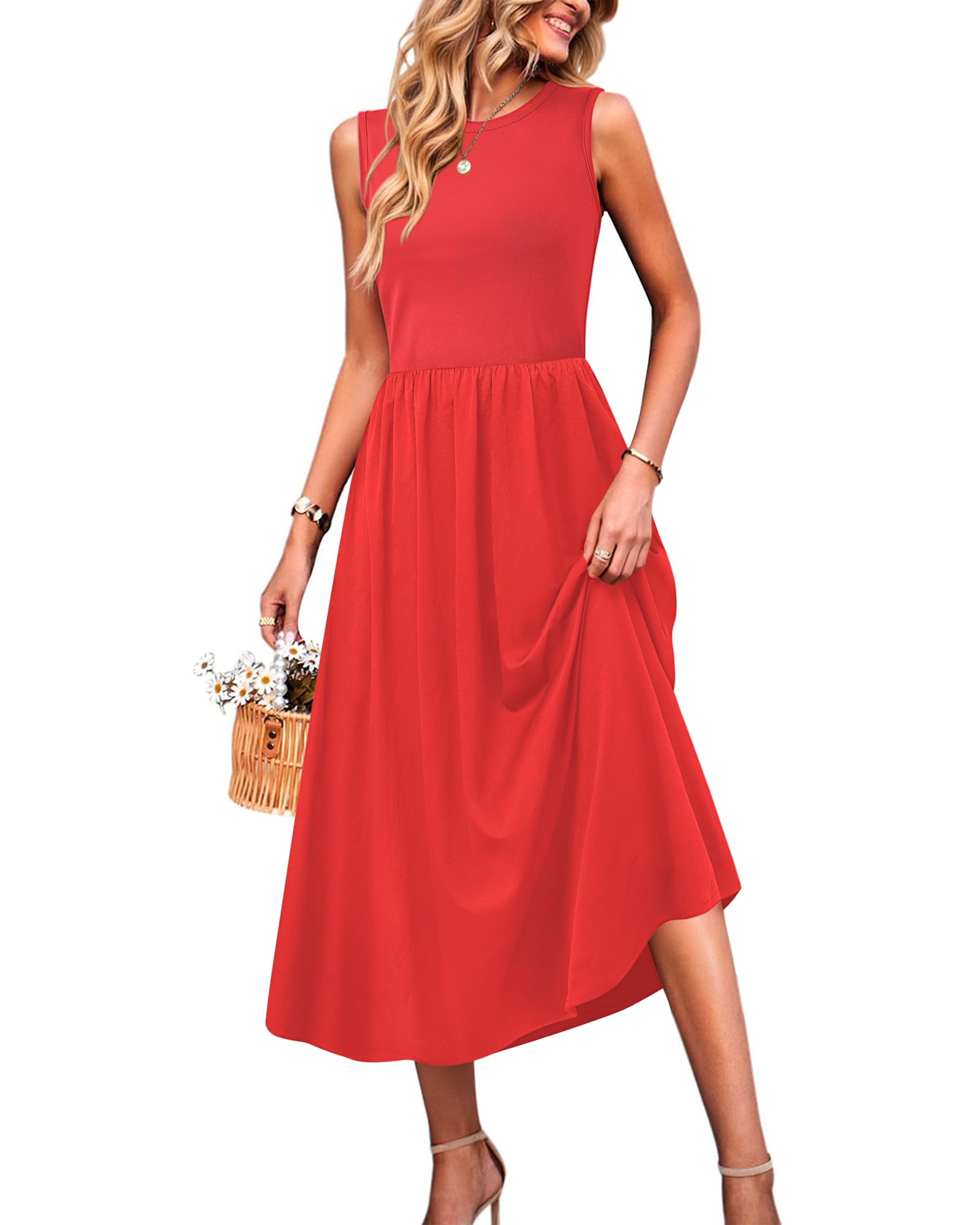 MCKOL Women Sleeveless Crewneck Ruched High Waisted Tank Long Sundress Wedding Guest Cocktail Boho Maxi Dress with Pockets