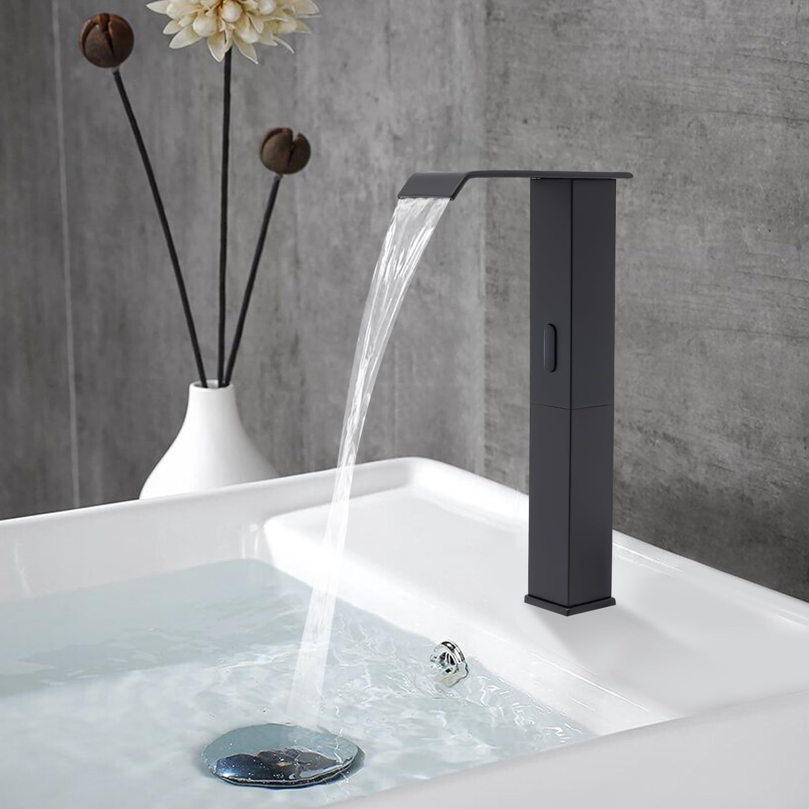 Grifo sensor automático negro, mezclador infrarrojo, caño alto cascada 27cm, latón resistente ahorro agua, válvula cerámica instalación fácil, para cocina cuarto de baño restaurante hotel