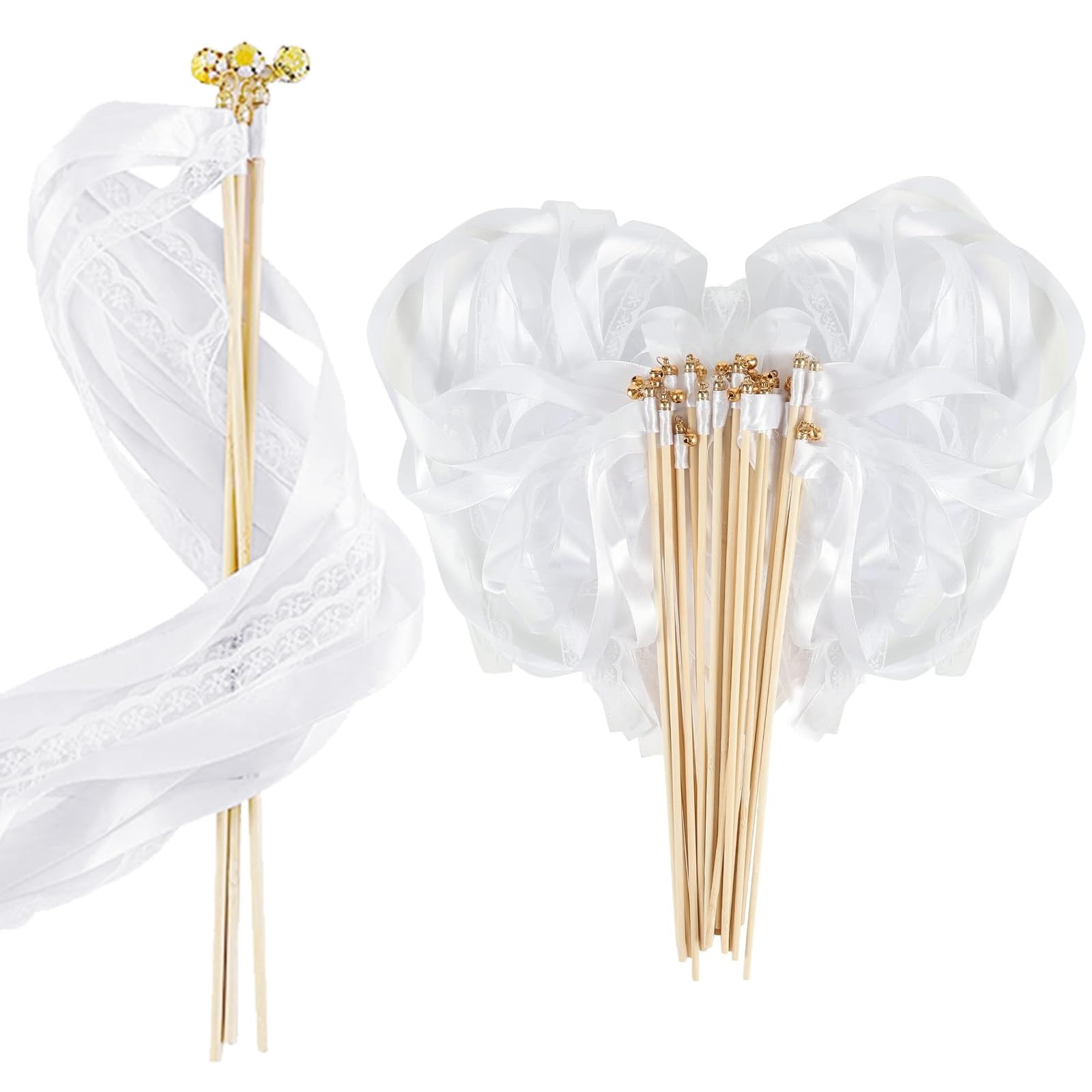 HEKOBAG 32PCS Serpentinas de Cinta para Boda,Varitas de Cinta con Palillos y Campanas, Mágicas Varitas para Boda de Encaje de Hadas, Romántico Serpentina Boda para Cumpleaños Bodas Fiestas (Blanco)
