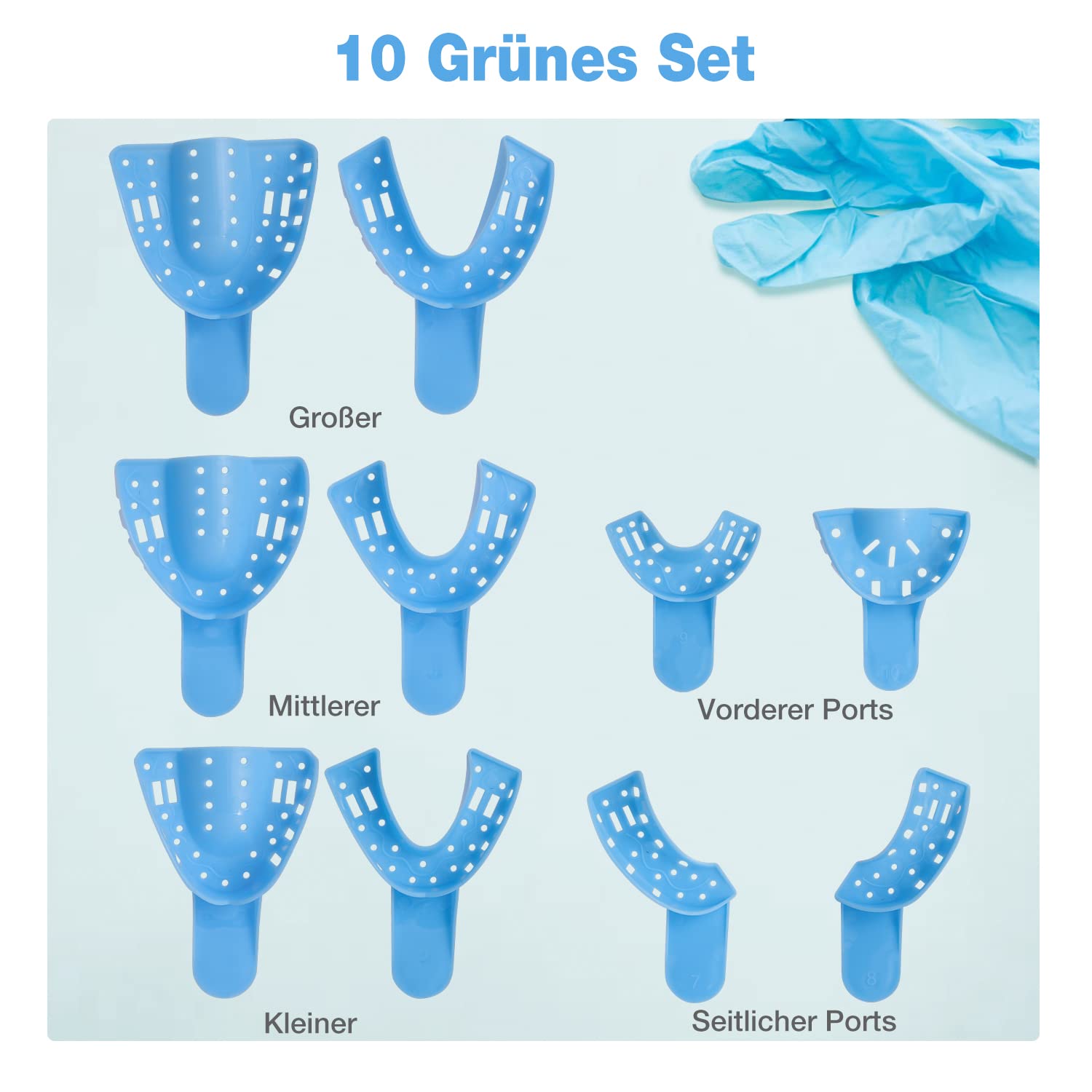 Lot de 10 cuillères à empreintes dentaires en plastique jetables autoclavables et perforées Bleu