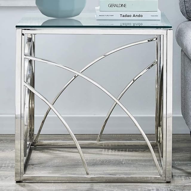 AINPECCA Chrome Glass Side Table- Set of 1 Modern Square 55cm Small Coffee Table Tempered Glass with Stainless Steel Frame, Sleek End Table, Sofa Table for Living Room (Silver Curve)