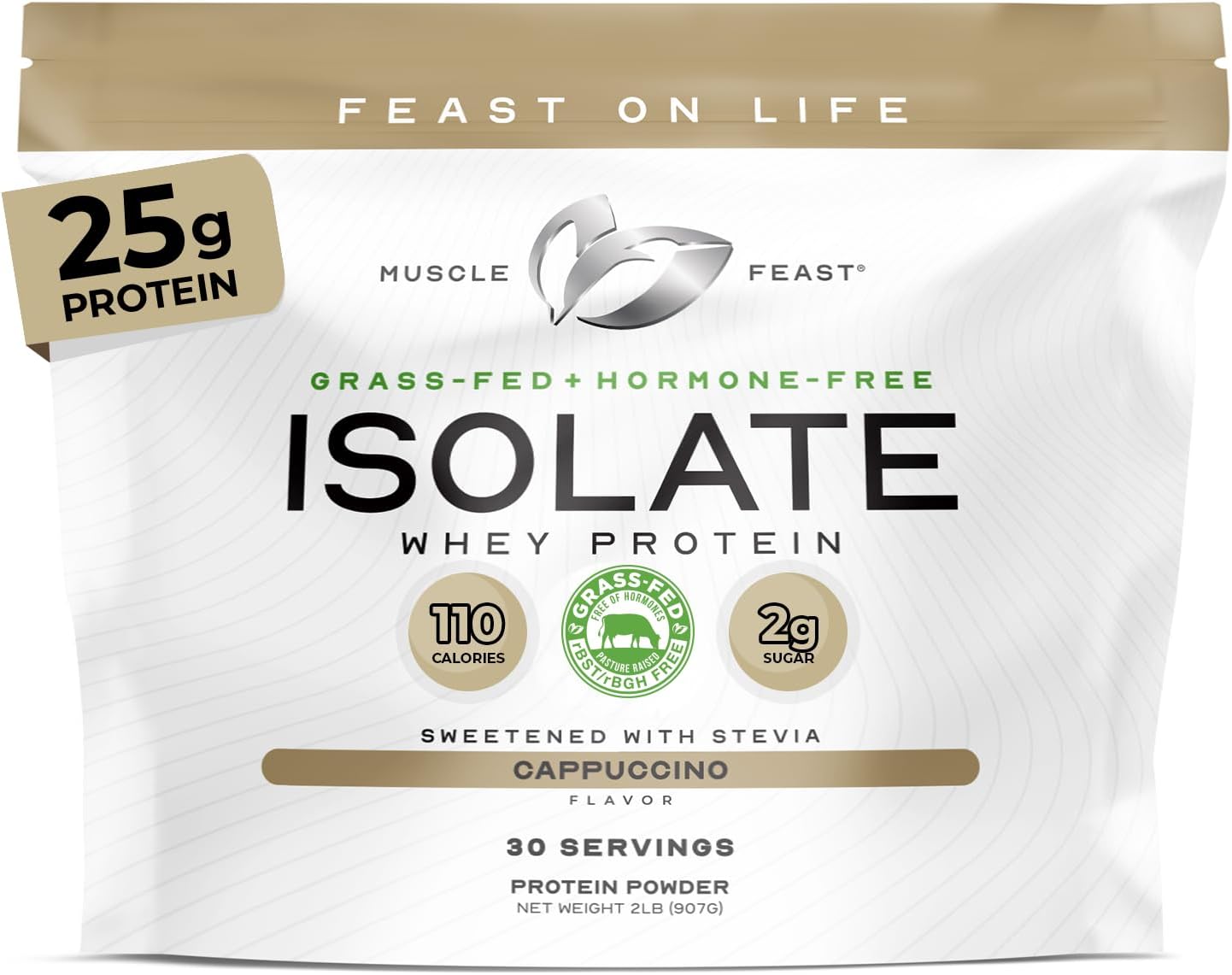 Muscle Feast Grass-Fed Whey Protein Isolate, All Natural Hormone Free Pasture Raised, Whey Isolate Protein Powder for Men and Women, Clean, Gluten-Free, Delicious Isolate Protein - Cappuccino, 2lb