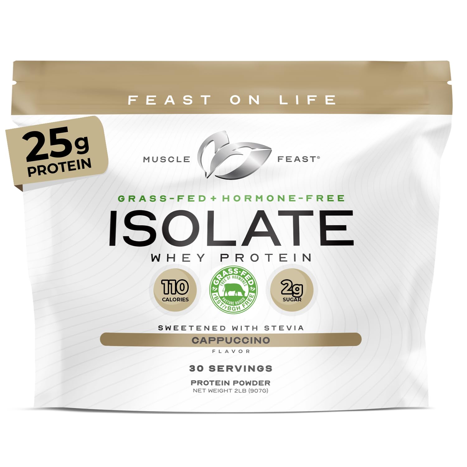 Muscle Feast Grass-Fed Whey Protein Isolate, All Natural Hormone Free Pasture Raised, Whey Isolate Protein Powder for Men and Women, Clean, Gluten-Free, Delicious Isolate Protein - Cappuccino, 2lb