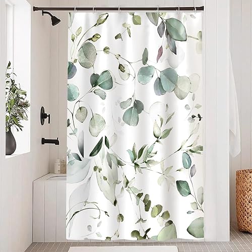Miniatura 67 de Cortina de ducha verde salvia con eucalipto, cortina de ducha de tela impermeable con hojas de planta de primavera, cortina de ducha acuarela verde