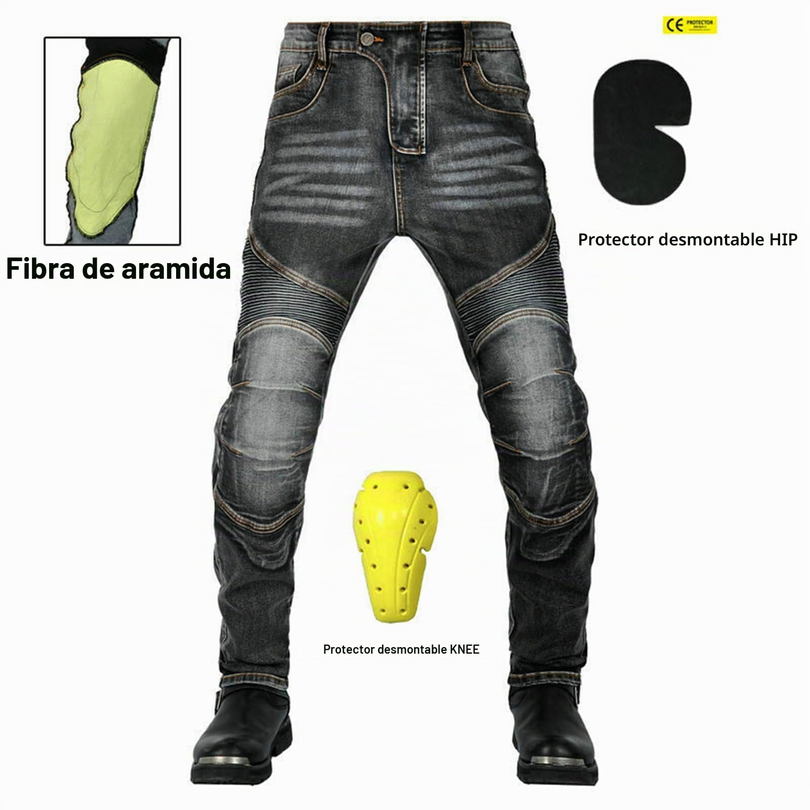 Pantalon Moto Hombre, Pantalon Vaquero Moto para Pantalones de Carreras de Motocross, Pantalon Moto Elástico, Jeans de Moto, 4 x Equipo de Protección (Negro,L)