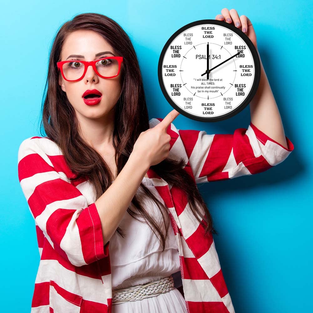 Reloj de pared de metal Salmo 34:2 de 30.5 cm, con versículo bíblico, cita de meditación, cuarzo silencioso, sin tictac, funciona con pilas, para regalos cristianos, dormitorio, sala de