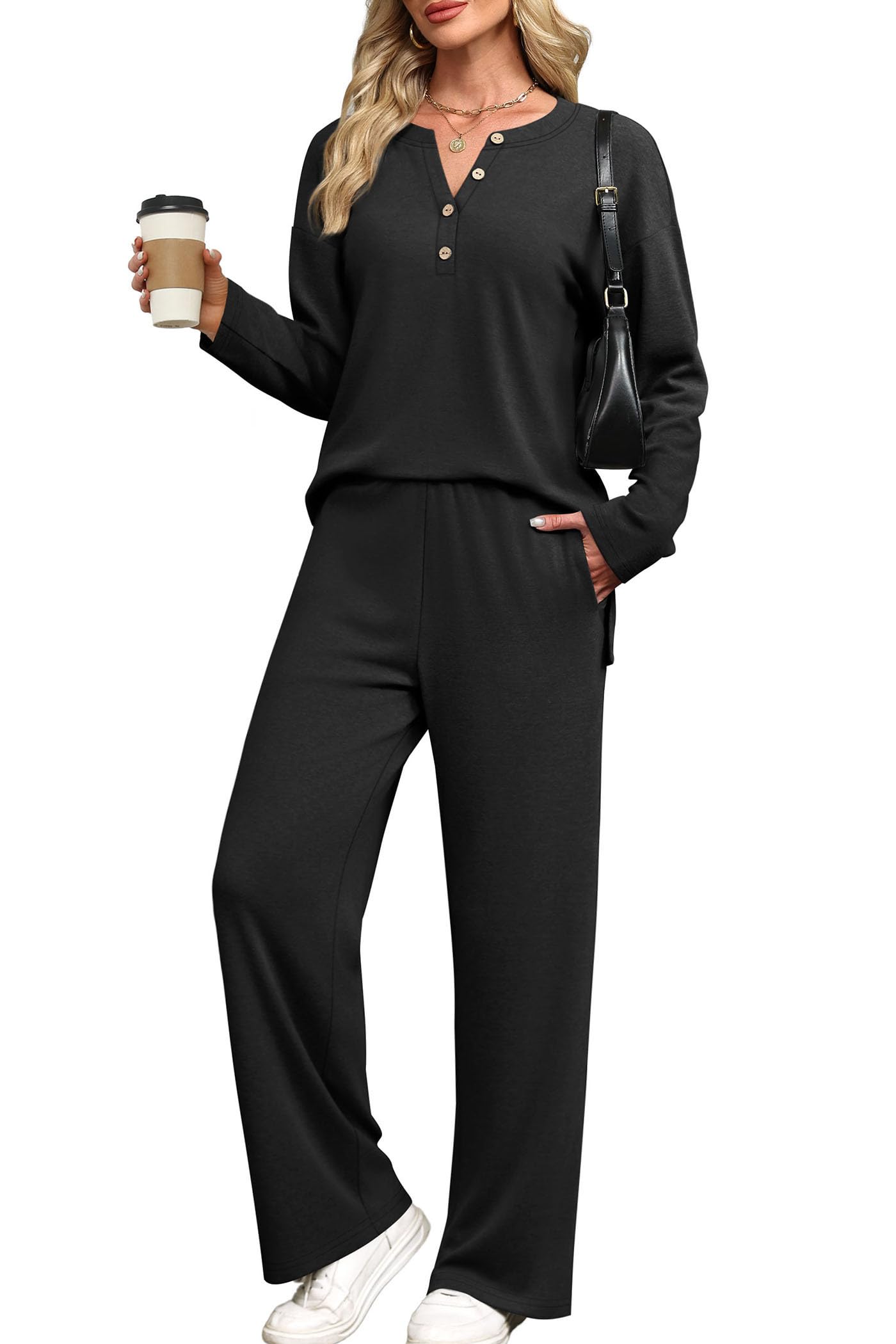 XIEERDUO Lounge Sets for Women 2 Piece V Neck Button Matching Sweatsuit Loungewear Fall Outfits Fashion Clothing Pajamas
