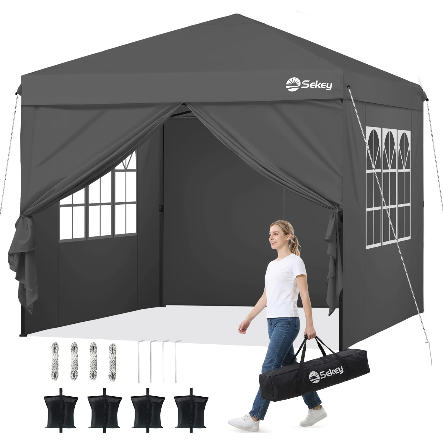 Sekey Pop Up Pavillon 3x3 Wasserdicht Stabil, Faltpavillon 3m x 3m mit Seitenwänden, Partyzelt Faltbar für Camping Party, Stufenlos Höheverstellbar 250 bis 270cm (Anthrazit, 3 x 3 m)