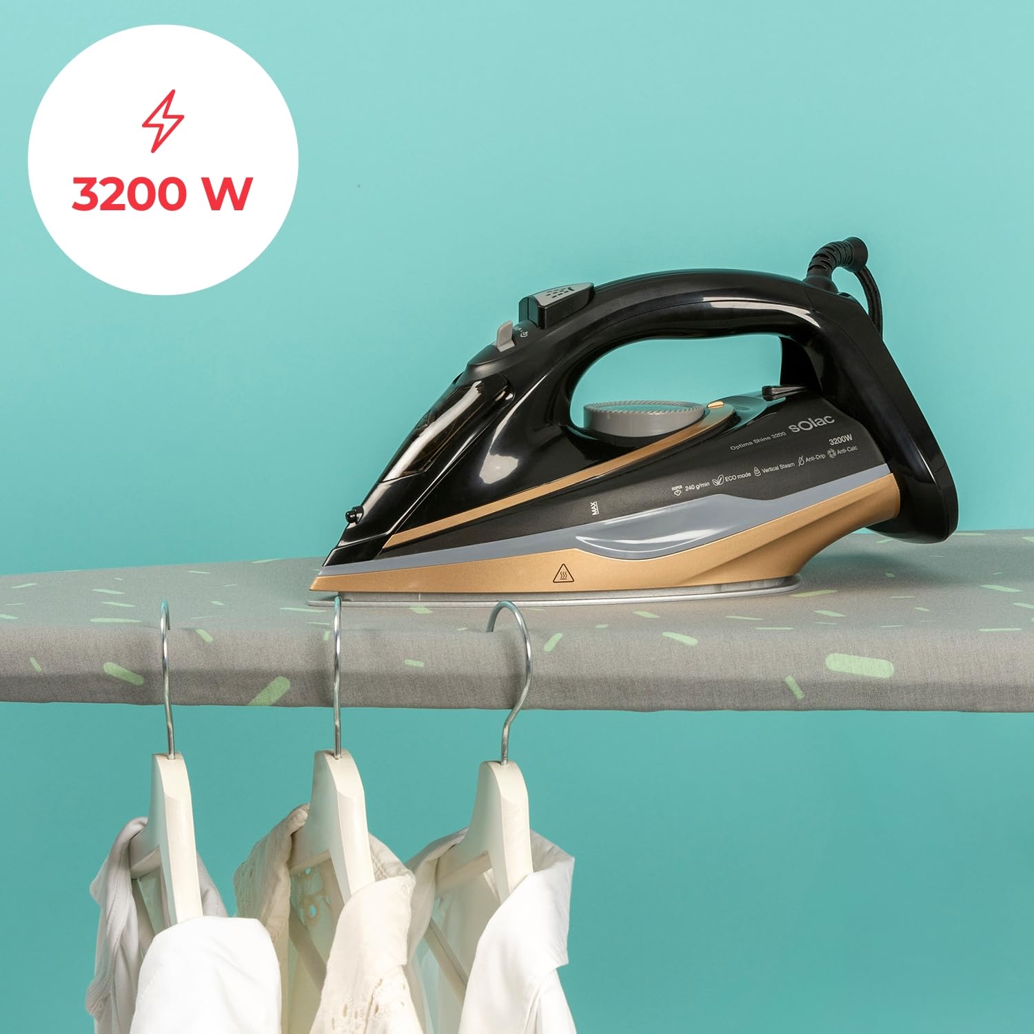 Solac – Plancha ropa Optima Shine 3200W | Suela Bi-Flow Steam | Golpe vapor 240g/min | Vapor Continuo 45g/min | Rápido calentamiento 30s | Antical | Antigoteo | Autolimpieza