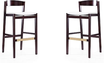Manhattan Comfort Klismos 31 Inch Mid Century Modern Bar Stools - Vegan Leather Padded Seat, Beech Wood Base with Elegant Gold Metal Footrest, Fully Assembled Barstools, Set of 2, Ivory/Dark Walnut