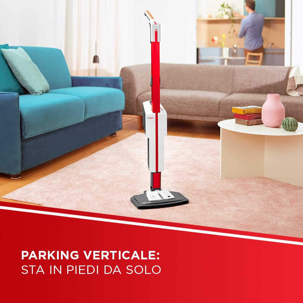Polti Vaporetto SV650 Style, Scopa a Vapore con Pulitore Portatile Integrato, Potenza Max 1500 W, 19 Accessori, Filtro Anti Calcare, Autonomia Illimitata, Parking Verticale, Rosso e Bianco