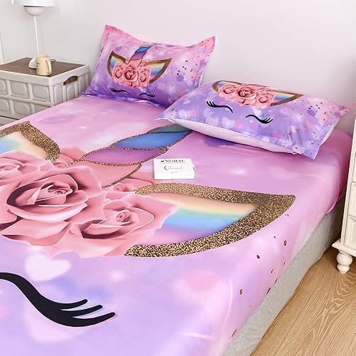 Miniatura 6 de qjmiaofang Juego de sábanas de unicornio tamaño individual, juego de sábanas bajeras de unicornio rosa de 2 piezas para niños y niñas, juego de