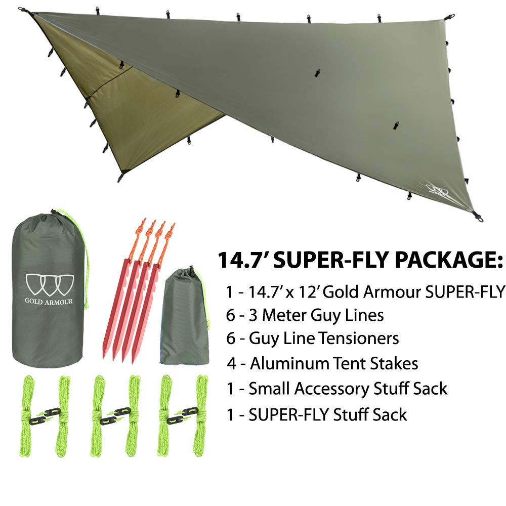 Gold Armour Rainfly Tarp Hammock, 14.7ft/12ft/10ft/8ft Rain Fly Cover, Waterproof Ultralight Ripstop Fabric, Survival Gear Backpacking Camping Tent Accessories (OD Green, 14.7ft x 12ft)