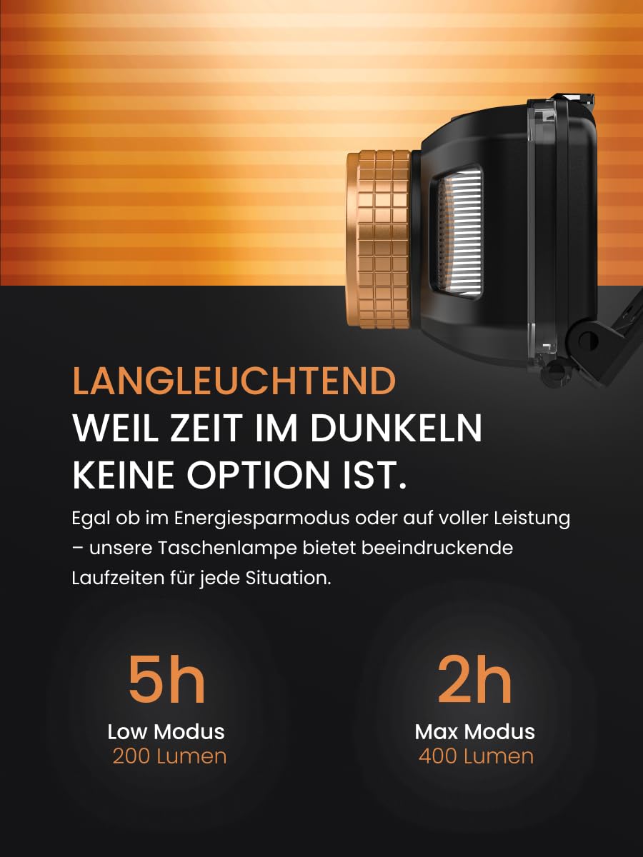 Duracell Lampe frontale LED DH400 Core – 400 lumens, focalisable, portée d'éclairage 50 m, fonction lumière rouge, différents modes d'éclairage, 3 piles AAA incluses, ergonomique, résistante aux