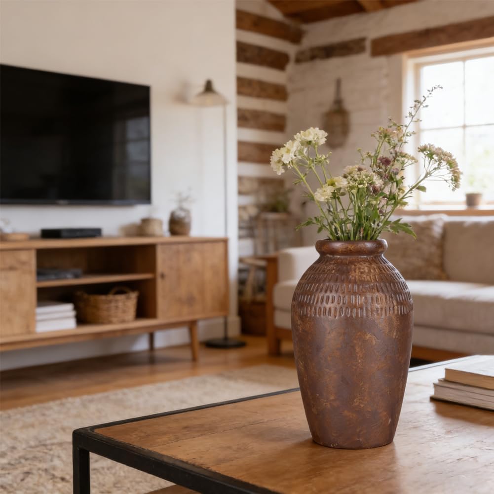 Brown Rustic Vase Vase, 7.8" Farmhouse Ceramic Vases for Home Decor, Terracotta Pottery Vases for Home Decor, Vintage Decorative Vase for Living Room, Entryway, Table, Fireplace, Nightstand
