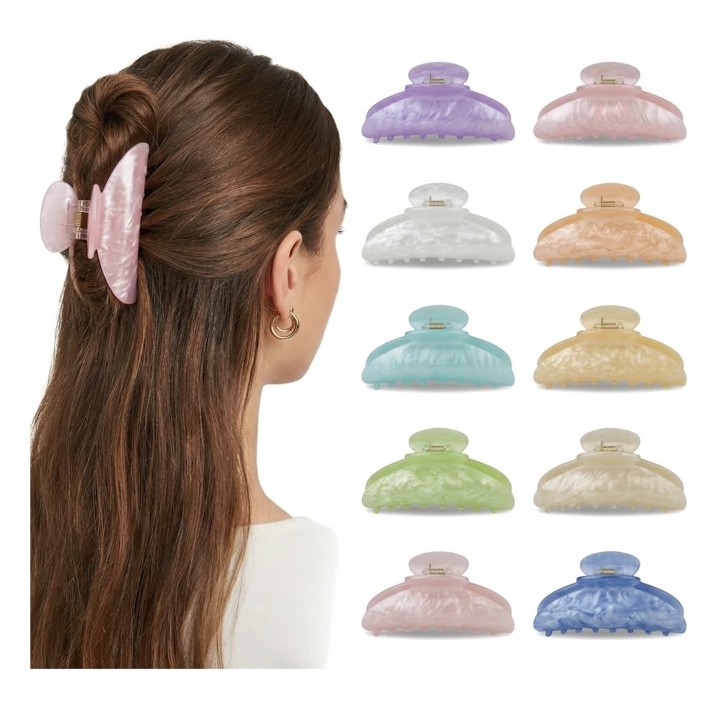 Acrylic Hair Claw Clips for Women, 10 PCS Large Non-slip Strong Hold Jaw Clamps Bulk, French Shimmering Barrettes for Thick or Thin Hair, No Slip Hair Clips for Girls Home Out Headpiece