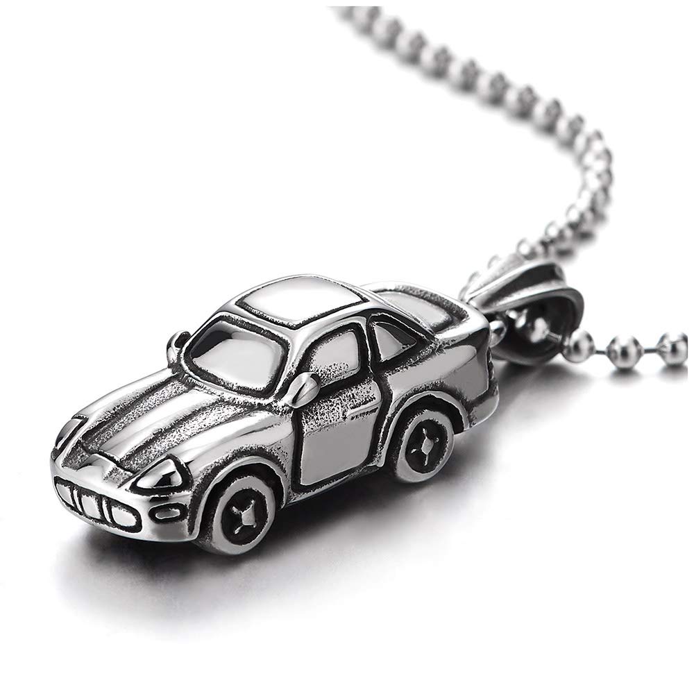 COOLSTEELANDBEYOND Retro Style Mens Stainless Steel Car Pendant Necklace with 23.6 inches Ball Chain, Punk Rock