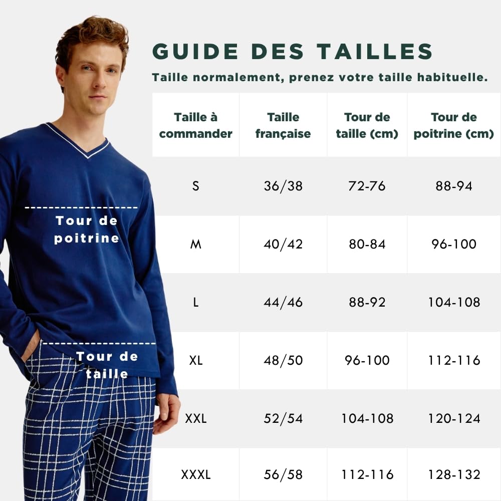 ARTHUR - Pyjama Homme, Ensemble Manches Longues et Pantalon - 100% Coton Bio léger - Motif Carreaux/Rayures