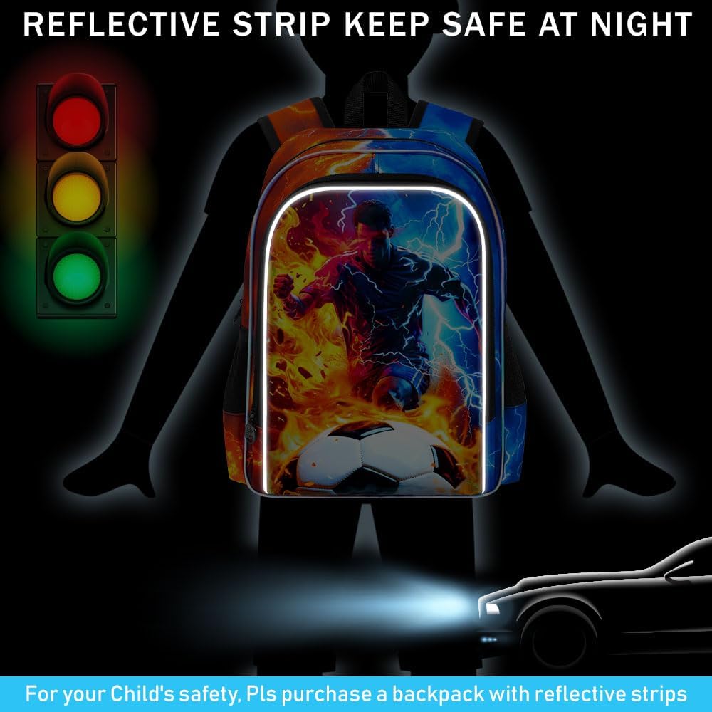 AGSDON 3PCS Boys Backpack for Boys, 17" Kids Bookbag with Lunch Box for Boy,Soccer Flame Thunder Backpacks Water Resistant and Lightweight for Teen