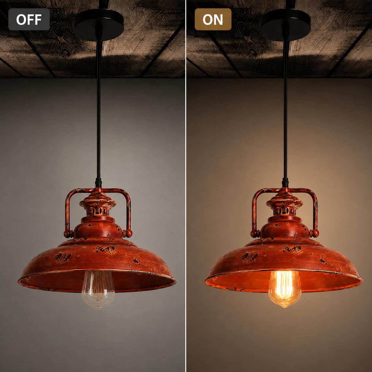 Rustykalna czerwona lampa wisząca z postarzanym metalowym kloszem, E26/E27