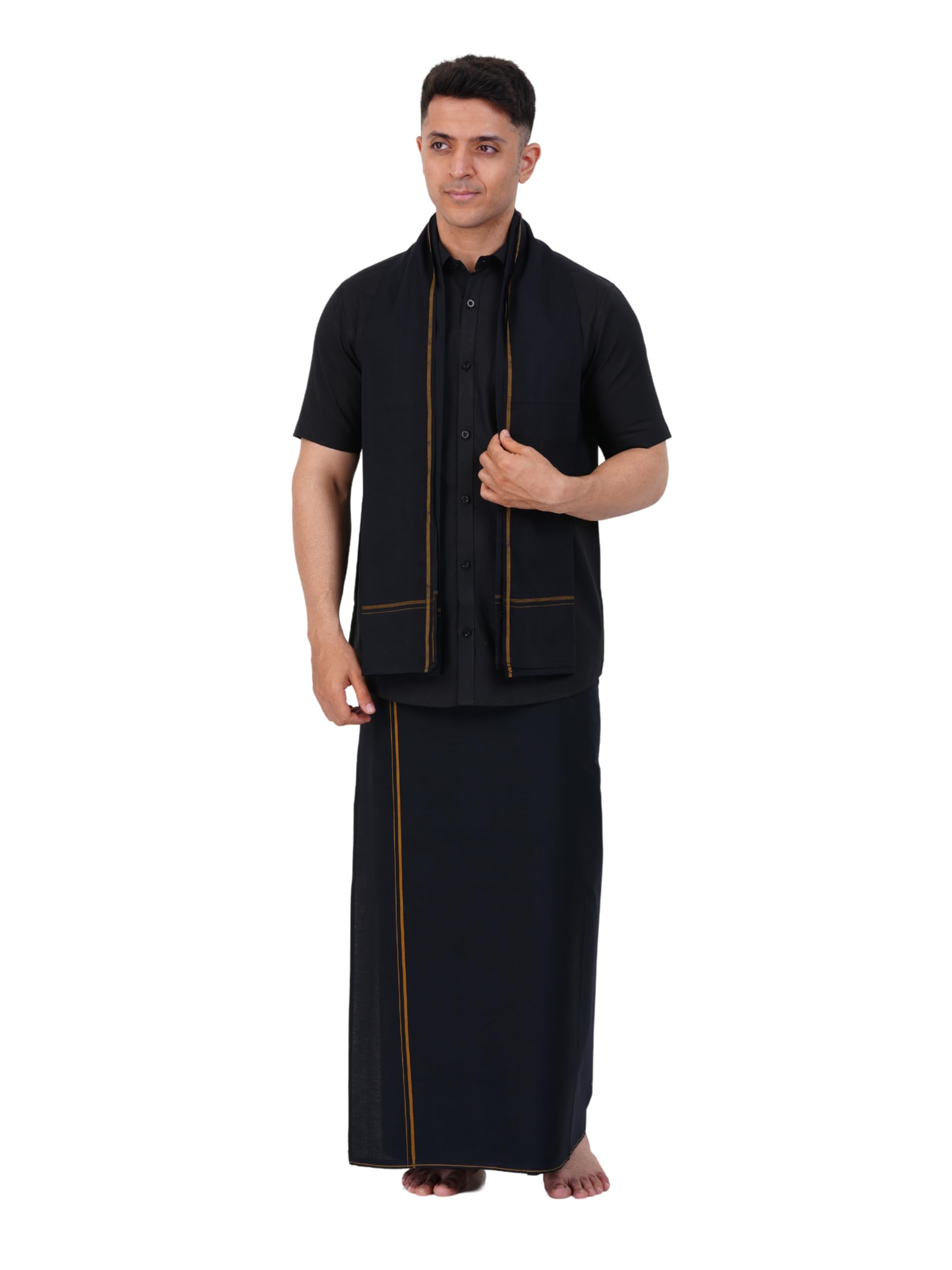 Prakasam Cotton Mens Single Small Border (1.28X2.00 Mtrs) Black Dhoti + Readymade Half Sleeve Shirt + Black Small Border Towel