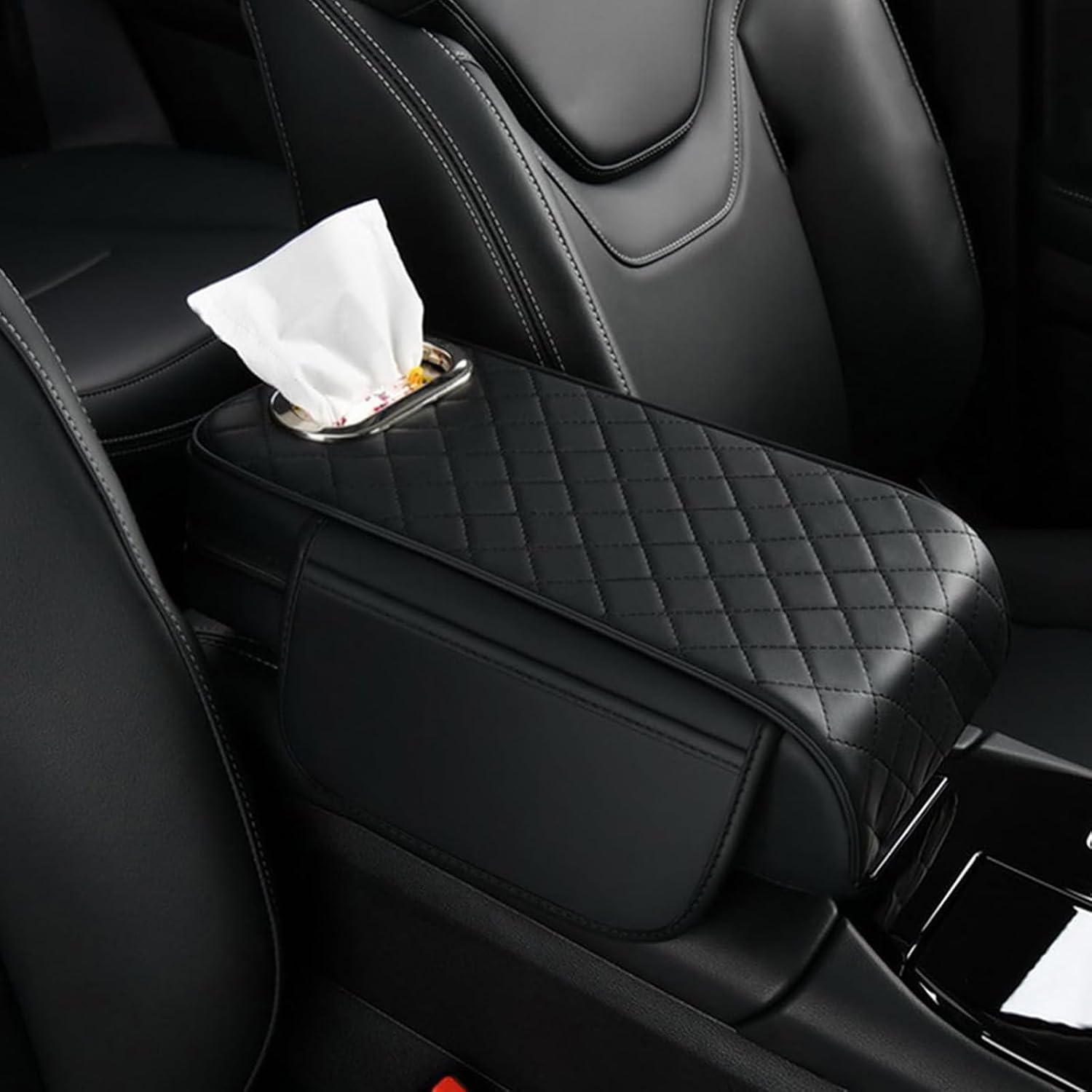 Car Center Console Cover for Mini Cooper SE(Electric)(2020–2025), Leather Car Armrest Box Mat, Arm Rest Protector Cushion, with Tissue Slot and 2 Storage Bags Auto Accessories,Black