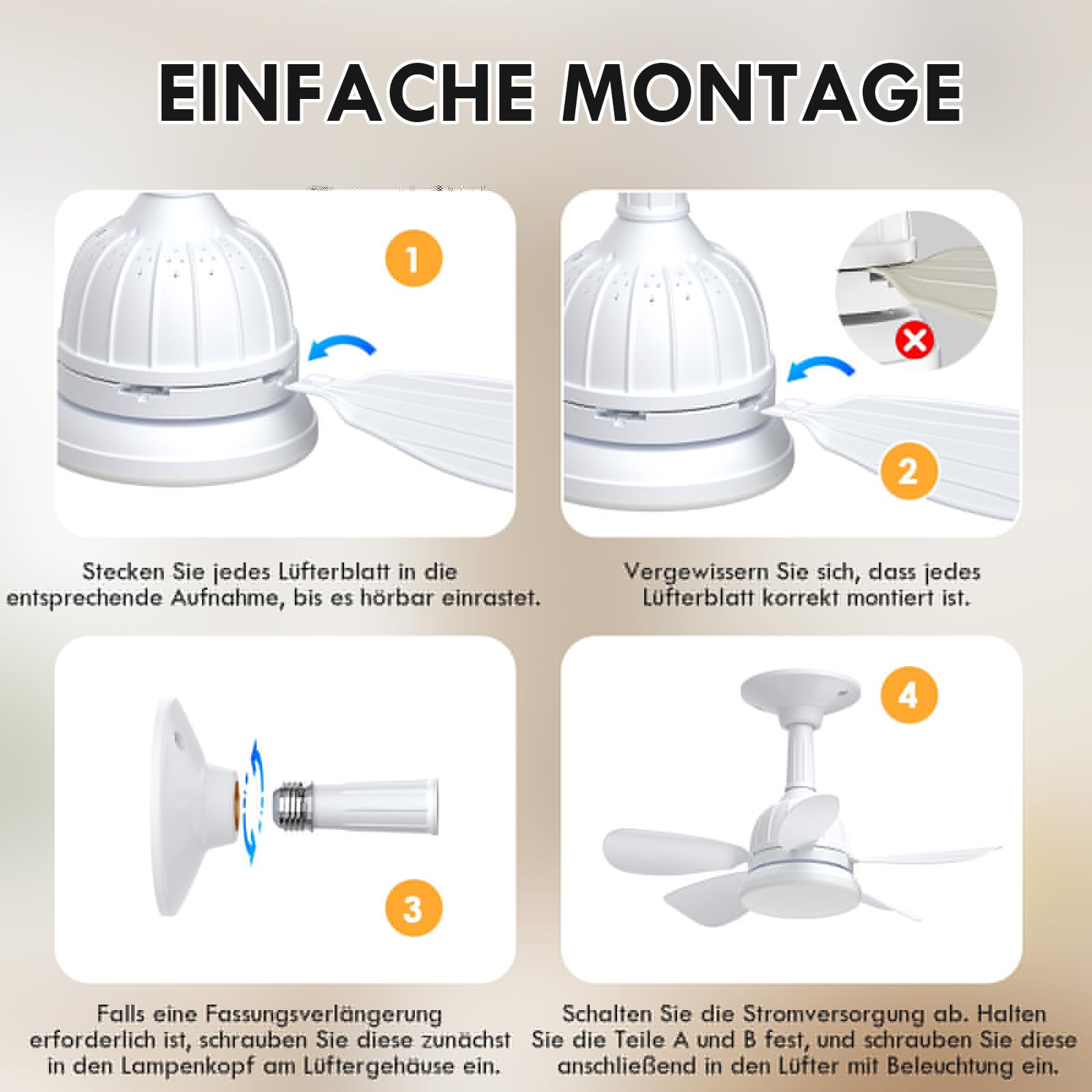 Dreamhigh Deckenventilator mit Beleuchtung und Fernbedienung, 18'' Superleiser Deckenlampe mit Ventilator mit E27-Fassung, 3 Geschwindigkeiten, Dimmbar, für Schlafzimmer, Wohnzimmer