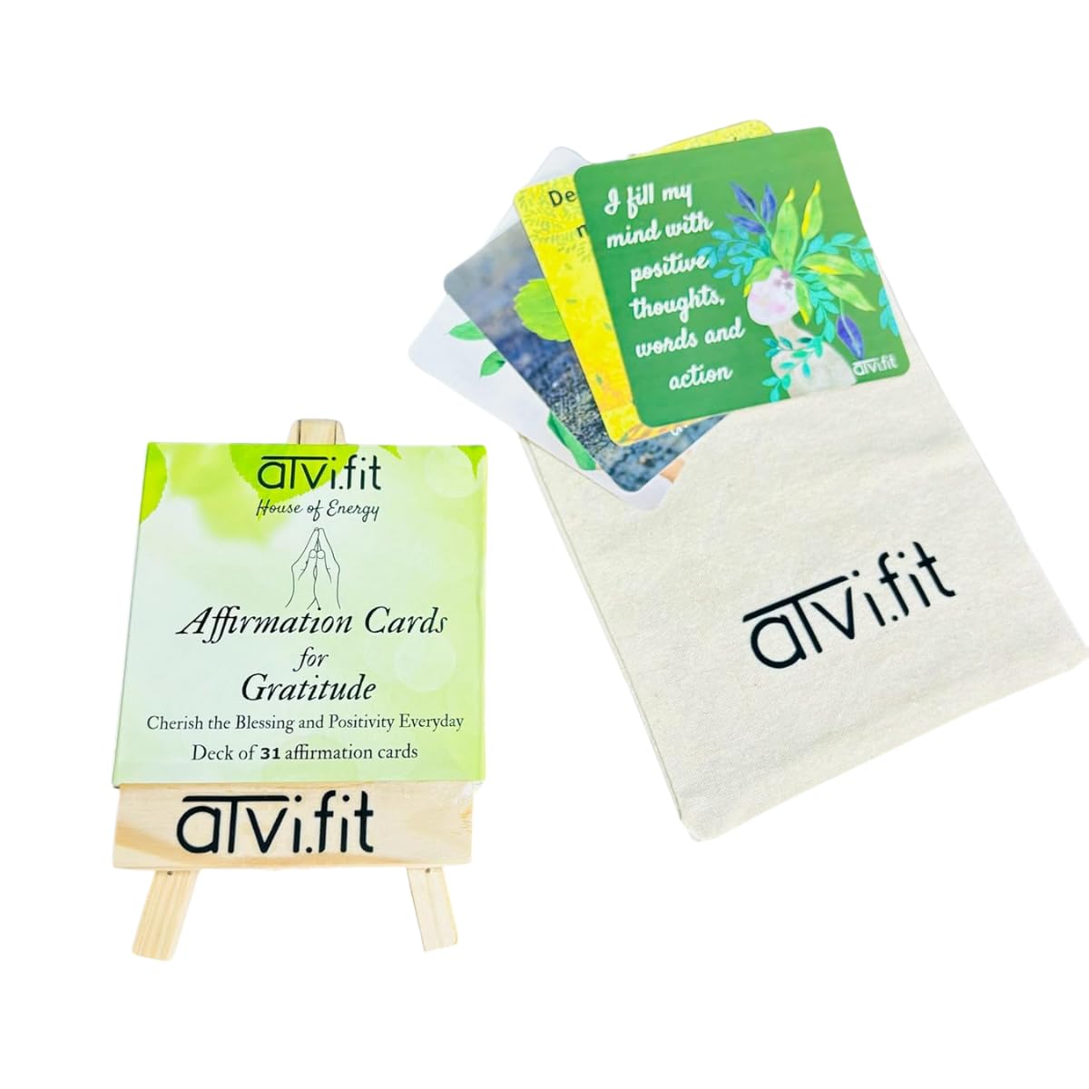 Atvi.fit Deck of 31 Positive Affirmation cards for Practicing Habit Forming inculcating Gratitude in daily life (English) With complimentary Wooden Stand and Cloth Pouch ,Great Gifting option for loved and closed ones.