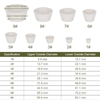 FunChem Filter Adapter Cones, 9 Pack White Wear-Resisting Tapered Collar Rubber Stopper Buchner Funnel Flask Cones Adapter Set, Smooth Surface, White