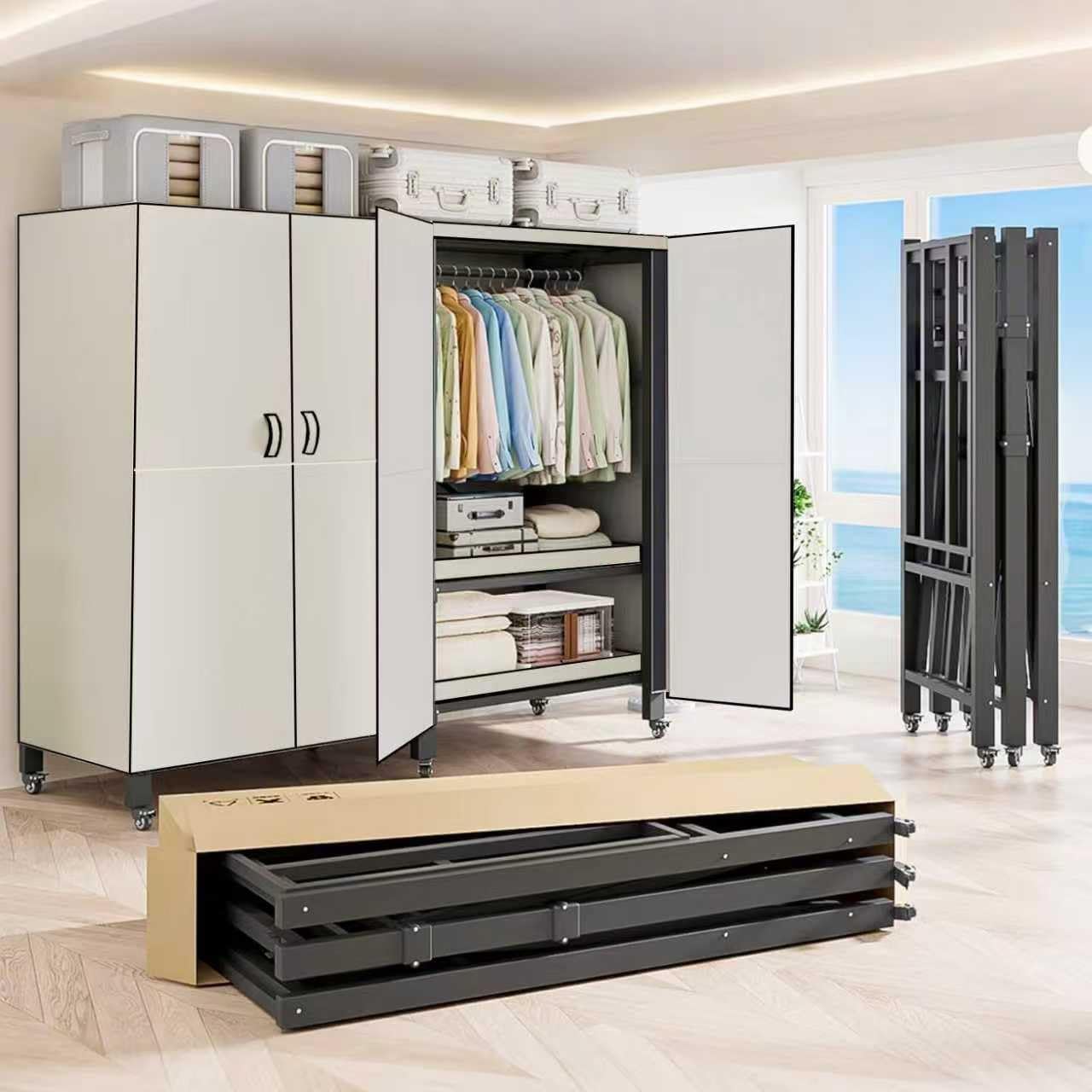 Pazcalie Heavy Duty Covered Clothes Rack with Magnetic Door Foldable Portable Wardrobe Closet for Hanging Clothing Rolling Black Metal Garment Rack on Wheels Closet System (White, 125cm)