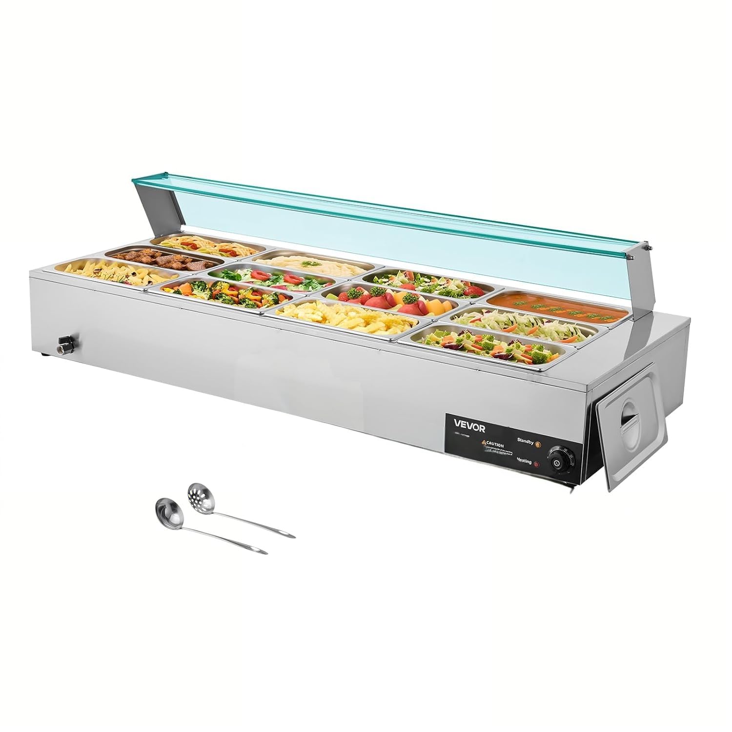 VEVOR Calentador de Alimentos 1700 W, Eléctrico, Acero Inoxidable, con Vapor y Tapa de Cristal, 12 Sartenes, para Buffet de Encimera, Baño María con Cucharones para Sopa y Perforados, 30–85 ℃