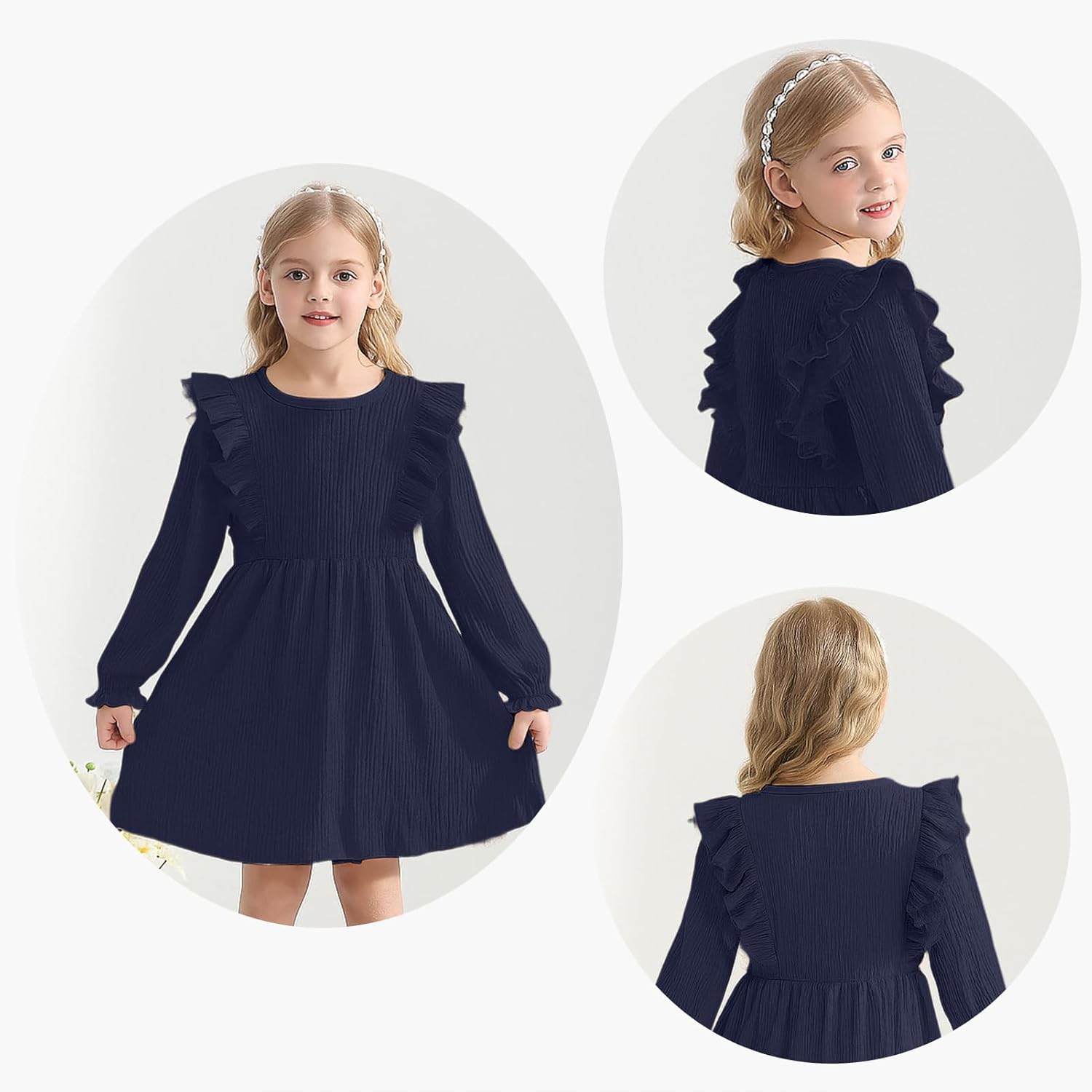 Toddler Girl Dress Fall Ruffle Long Sleeve Baby Girl Solid Color Casual Dresses 2-6Y - Image 4
