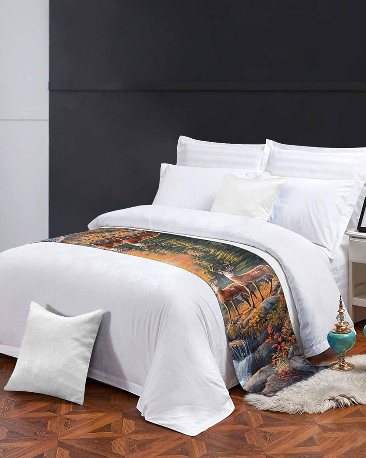 Orange Botanical Elk Bed Runner for Full/Queen Size, Farmhouse Deer River Bedspread Protector Slipcover Bed Scarf for Foot Runners & Scarves for Bedroom Hotel Wedding Room 83x20 Inches