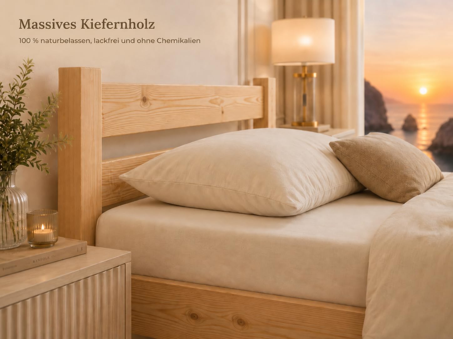 Massivholzbett | Futonbett | Naturholzbett bettgestell | Hochbett aus 100% Naturholz | kopfteil Bett | Bett mit lattenrost Und kopfteil |Seniorenbett | bettgestell (90x200 cm)