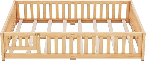 Miniatura 8 de Dolonm Cama Montessori tamaño Queen con barandillas de seguridad, marco de cama de piso de madera con puerta y listones de madera, plataforma de