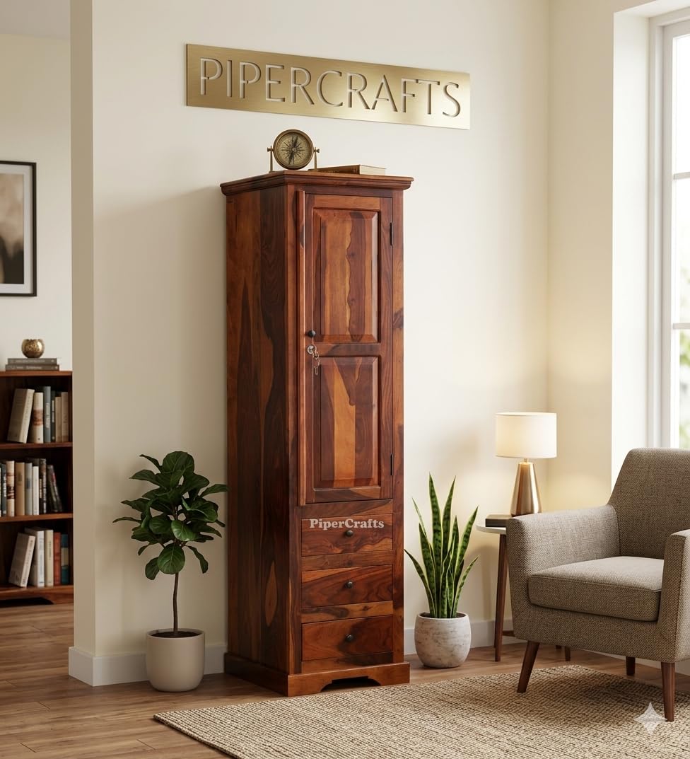 PIPERCRAFTS Handmade Wooden Wardrobe, Almirah Wooden in Provincial Teak Finish with Lock System (72 x 20 x 22) Inches-image-39