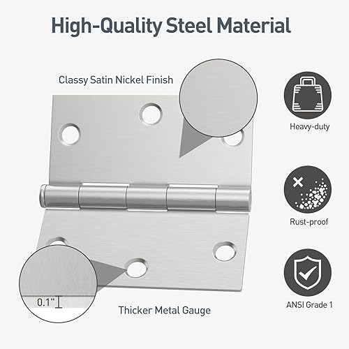 Miniatura 4 de HOSOM Paquete de 3 bisagras cuadradas para puerta de 3.5 pulgadas, níquel cepillado con esquina cuadrada, bisagra de puerta interior para