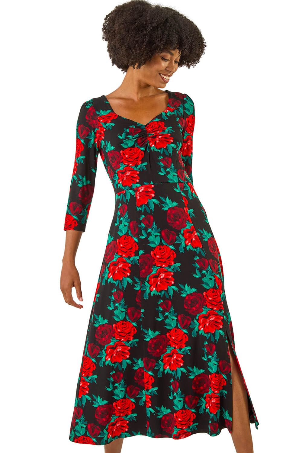 Roman Women's Red Rose Ruched Midi Dress Size 20