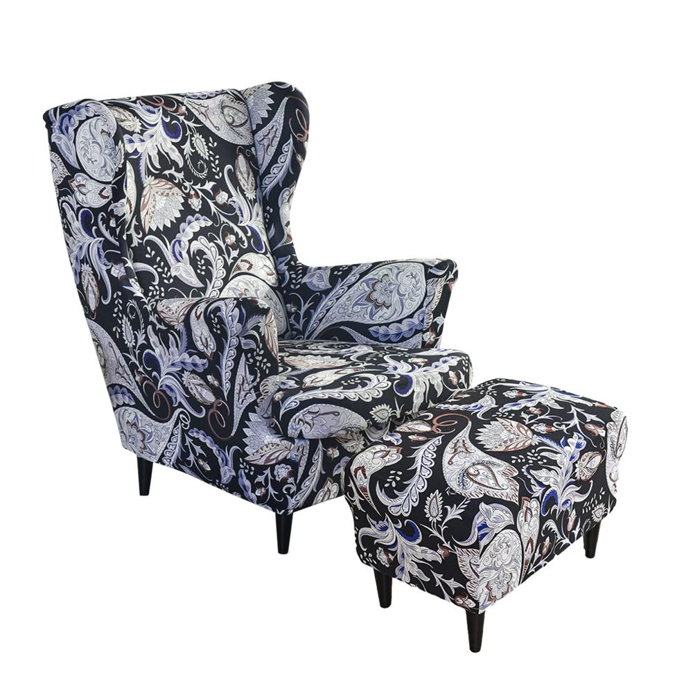 Highdi Exotic Plants Wingback Chair Covers 2 Piece With Ottoman Cover, Stretch Wing Chair Slipcover, Washable Spandex Fabric Sofa Cover Furniture Protector For Armchair Chairs Bedroom Hotel (Exotic Plants)