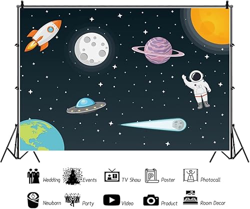 Miniatura 4 de Renaiss Fondo de 7 x 5 pies con temática de astronauta, cohete y astronauta, astrología, planeta, galaxia, cohete, cometa, OVNI, fondo de dibujos